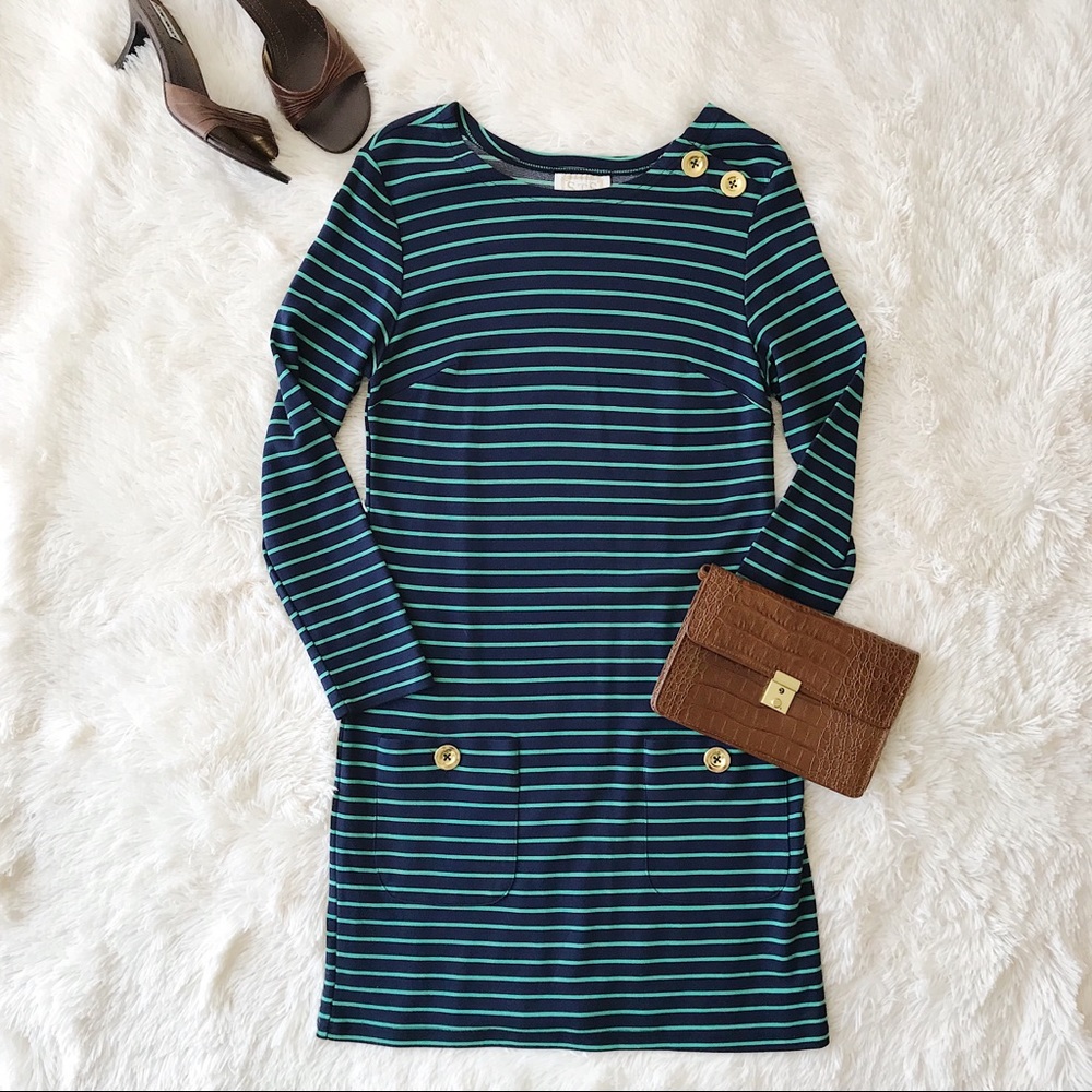 Sail to Sable STS striped dress navy green long sleeve gold butt…